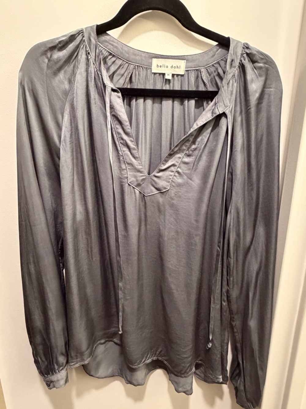 Bella Dahl Silver-blue Satin Long Sleeve V-Neck Blouse